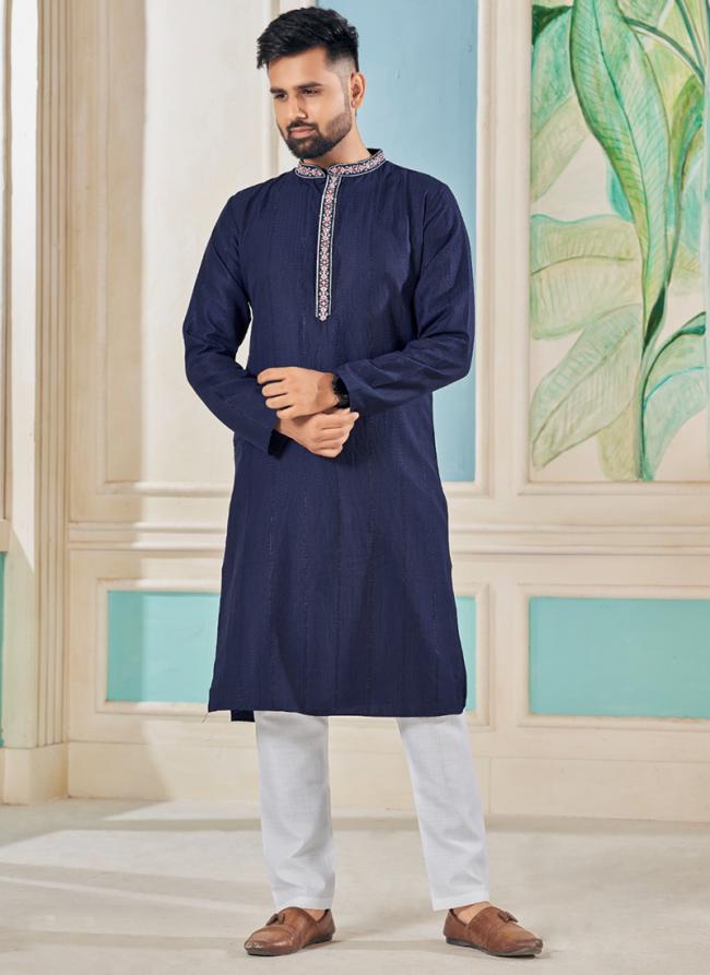 Pure Viscose Navy Blue Festival Wear Embroidery Work Readymade Kurta Pajama